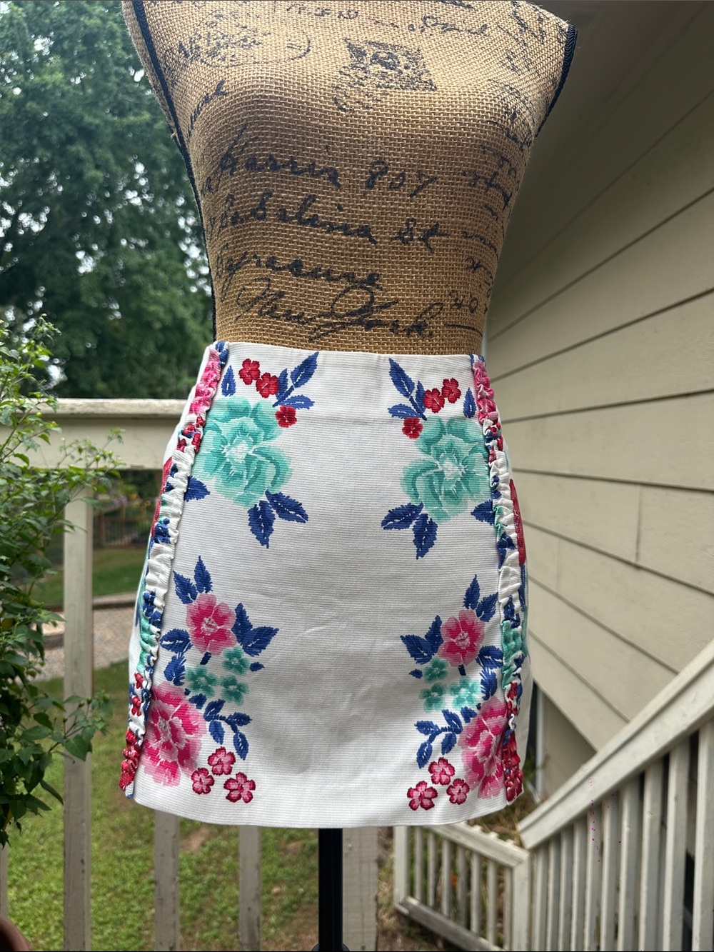 Zara White Mini Skirt with Pink & Teal Floral Embroidery
